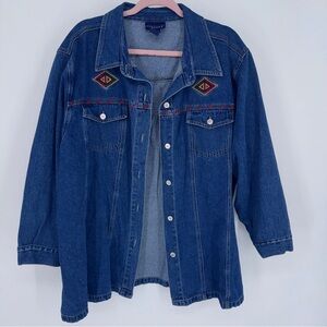 Vintage embroidered Blue Denim button up Jacket with Red Accents Cotton